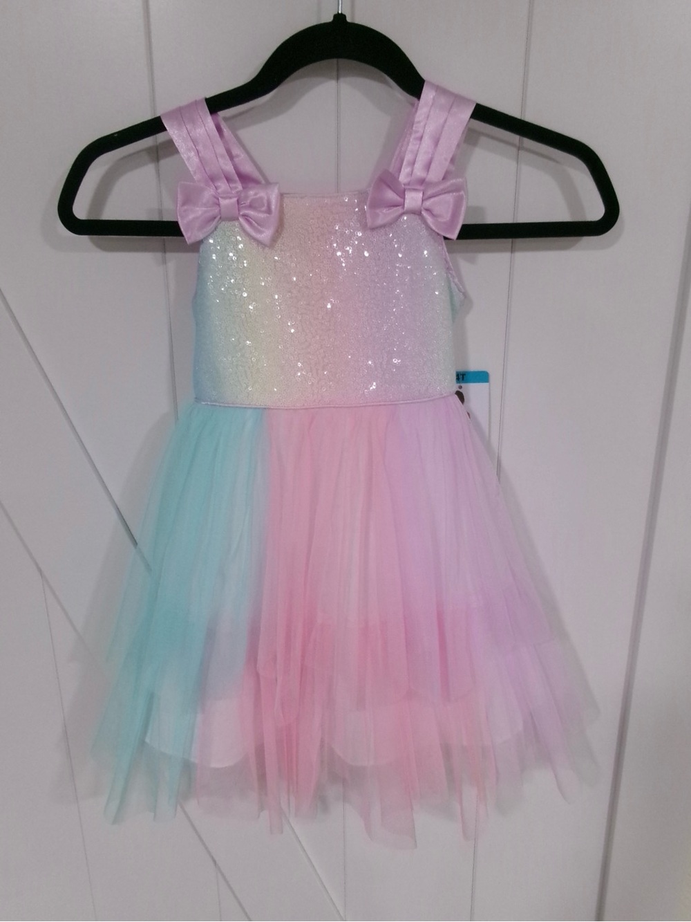 Jona Michelle Pastel Rainbow Tulle Dress with Bow Straps